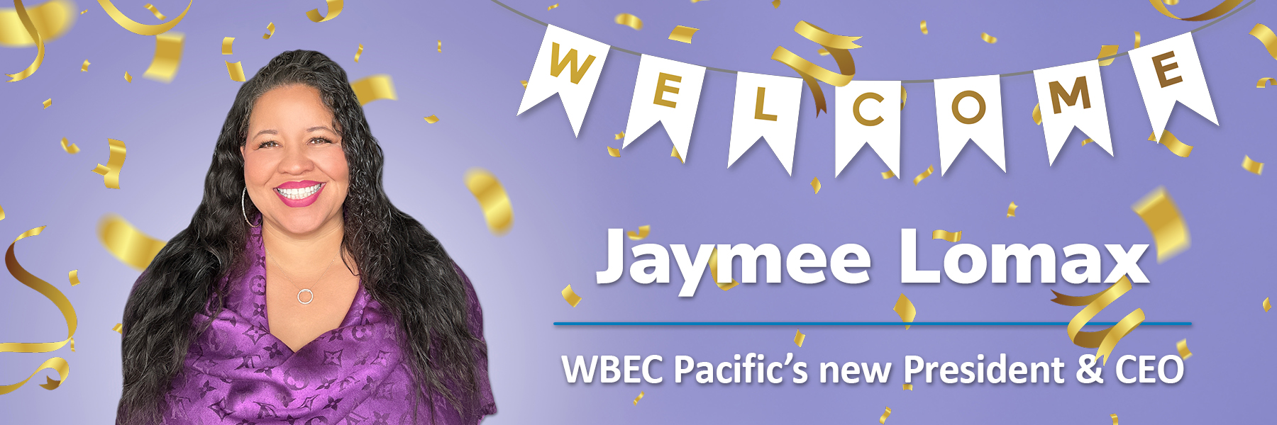 Photo of a smiling woman with long, wavy black hair in front of a light purple background and a welcome banner with confetti.