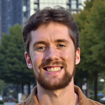 Headshot of a man with a beard smiling with trees in the background.
